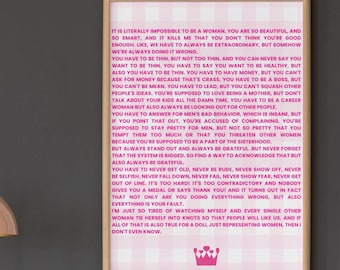 Monolog Glorii, wydruk typograficzny na ścianę, wydruk inspirowany doświadczeniem feministycznym, plakat do pobrania w wersji cyfrowej z cytatem z filmu Barbie