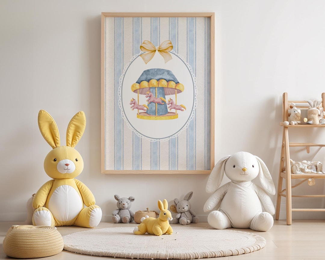 Vintage Unicorn Carousel Art Print, Blue Striped Nursery Wall Décor ...