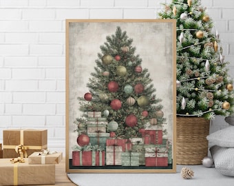 Traditional Christmas Tree Print – Festive Wall Art with Ornaments and Gifts, Vintage Holiday Décor, Classic Christmas Poster