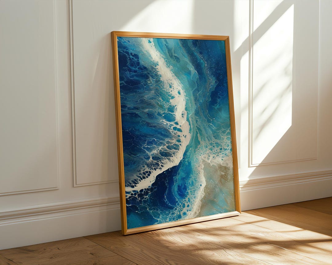 Abstract Ocean Wave Art Print, Deep Blue Sea Fluid Painting, Coastal ...