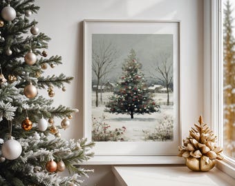 Rustieke kerstboom kunst aan de muur, vintage winter boerderij landschapsdecor, besneeuwd vakantiekunstwerk, kerstposter in landhuisje