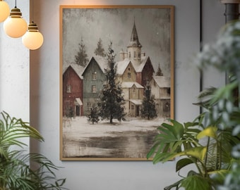 Snowy Village Print – Rustic Winter Town Wall Art, Nordic Christmas Cottage Scene, Vintage Holiday Landscape for Cosy Home Décor