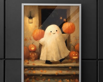 Niedlicher Halloween Geist Print – Gemütliche Herbst Deko, Geist Illustration im Vintage-Stil mit Kürbissen
