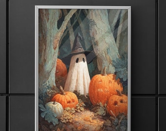 Ghost in the Pumpkin Patch Halloween Art Print – Cosy Autumn Wall Décor, Witch Hat Ghost Illustration, Rustic Fall Home Decoration