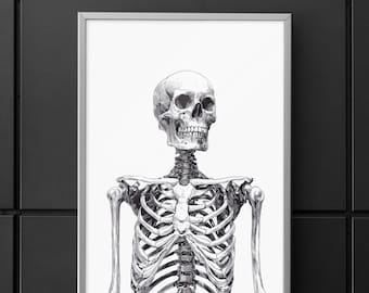 Arte mural de esqueleto anatómico: impresión gótica de Halloween, póster de anatomía vintage, ilustración espeluznante de esqueleto en blanco y negro