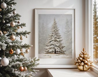 Snowy Pine Tree Art Print – Neutral Winter Tree Wall Art, Rustic Woodland Christmas Décor, Scandinavian Winter Landscape Painting