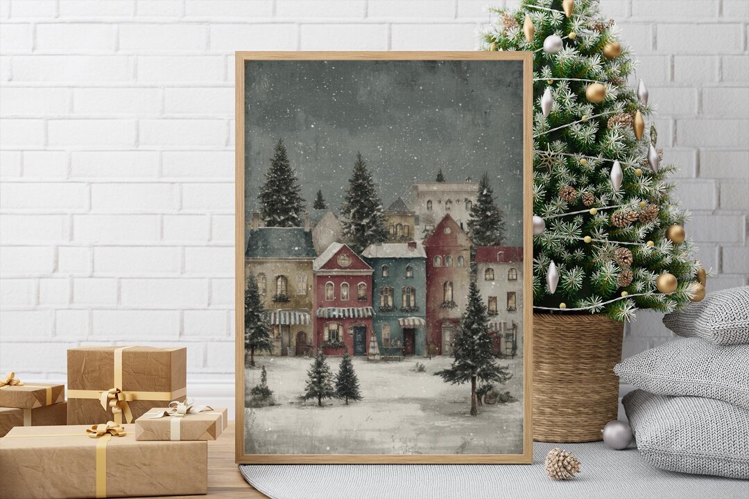 Vintage Christmas Village Print – Snowy Winter Town Wall Art, European ...