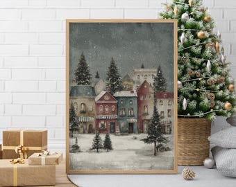 Vintage Christmas Village Print – Snowy Winter Town Wall Art, European Holiday Street Scene, Cosy Festive Home Décor Poster