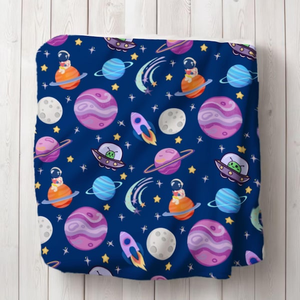Space Planets Rockets UFOs Fleece Blanket | Whimsical Cartoon Throw