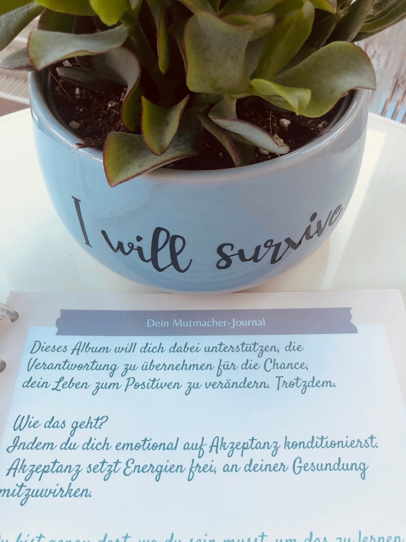 May include: A blue ceramic pot with the text "I will survive" on the side. The pot is filled with a succulent plant. The text "Dein Mutmacher-Journal" is written on a piece of paper below the pot. The paper has text about accepting responsibility and changing your life for the better.