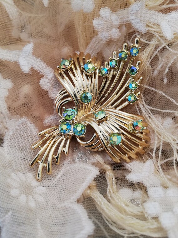 Stunning Vintage Gold Tone Blue Green Sea Green A… - image 3