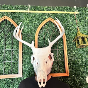 May include: A white deer skull mask with large antlers. The mask is worn over a person's face. The person is wearing a black t-shirt with the text "KINDA CHUNKY" in pink, yellow, and purple. The background includes decorative wooden framed windows and a green hedge.