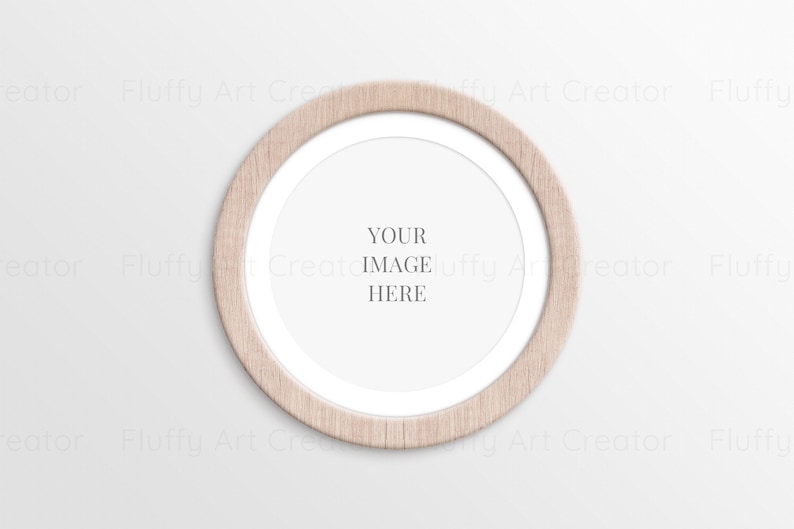 May include: A round wooden frame with a white inner circle. The text "YOUR IMAGE HERE" is printed in the center of the frame.