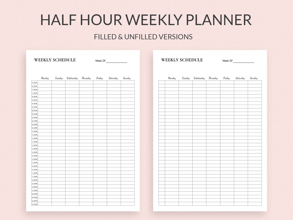 Simple Half Hour Weekly Schedule, Weekly Planner Printable, Half Hour ...