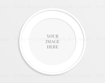 White round picture frame mockup, White round wall frame mockup, White circle photo frame, Digital mockup with mat, Poster, Round frame