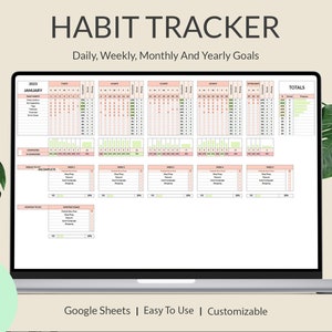 Habit Tracker Google Sheet, Habit Tracker Spreadsheet, Goal Tracker, Routine Tracker, Daily, Weekly, Monthly, Annual, Goals Log, Planner