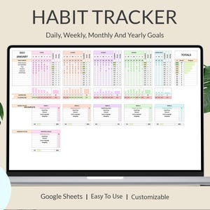 Habit Tracker Spreadsheet for Google Sheets, Daily Habit Planner, Annual Habit Planner, Daily To Do List, Weekly Monthly Yearly Goal Planner