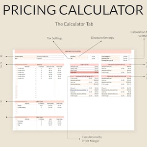 May include: A spreadsheet with a pink and white color scheme titled "Pricing Calculator". The spreadsheet is divided into sections for product name, materials, labor costs, extra costs, tax settings, discount settings, and calculation methods. The spreadsheet includes columns for product name, material, quantity, price per unit, total cost, activity, hours, hourly rate, total cost, activity, quantity, cost per item, and total cost.