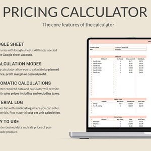 May include: A laptop computer screen displaying a Google Sheet spreadsheet with a pricing calculator for handmade products. The spreadsheet includes tabs for materials, labor, and other costs. The calculator automatically calculates sales prices, profit margins, and desired profits. The spreadsheet is titled "Pricing Calculator".