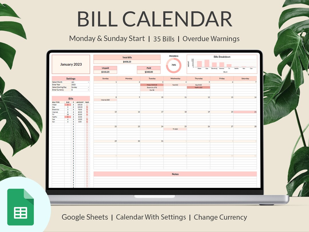 Bill Calendar Spreadsheet Google Sheets, Bill Tracker, Monthly Bill