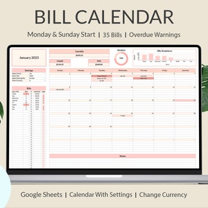 Bill Calendar Spreadsheet Google Sheets, Bill Tracker, Monthly Bill Payment Log, Bill Payment Dashboard, Personal Finance, Financial Planner