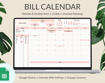 Bill Calendar Spreadsheet Google Sheets, Bill Tracker, Monthly Bill Payment Log, Bill Payment Dashboard, Personal Finance, Financial Planner