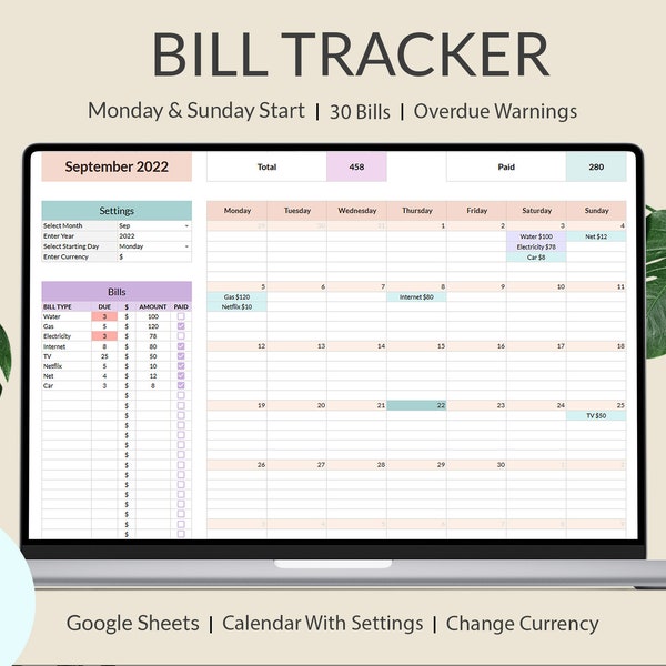 Bill Tracker Spreadsheet, Google Sheets Bill Calendar, Automated Monthly Bill Tracker, Bill Payment Tracker, Dashboard, Financial Planner