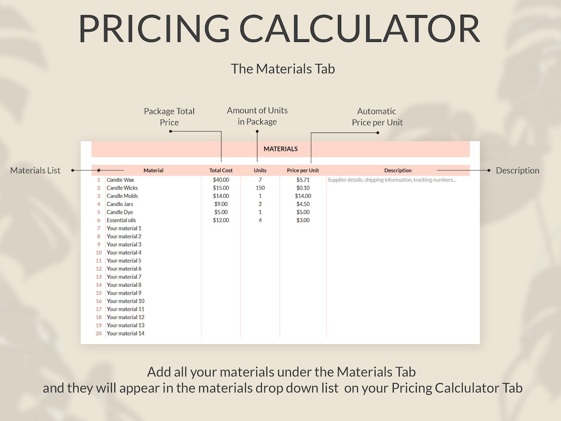 Pricing Calculator Spreadsheet to Price Handmade Products, Product
