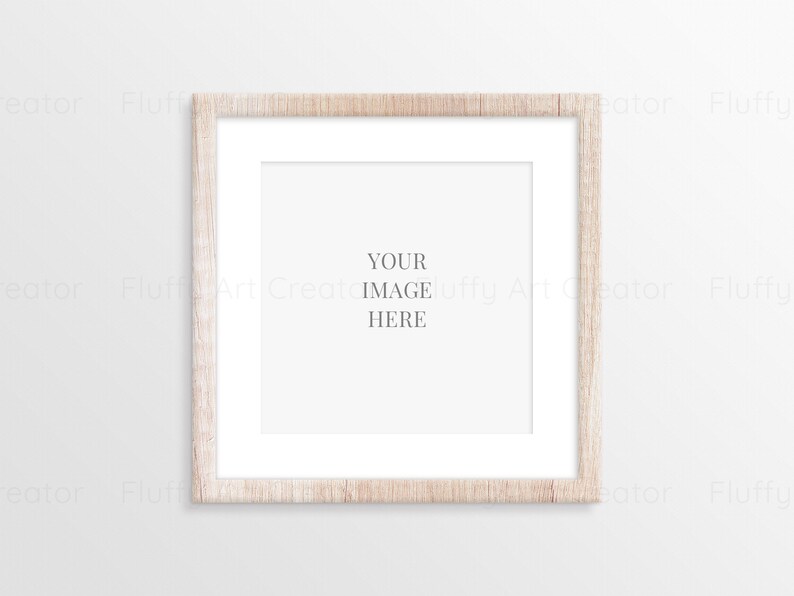 May include: Square wooden picture frame with a white mat. The frame has a light brown, textured finish. The text "YOUR IMAGE HERE" is centered within the white space of the frame.