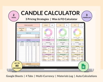Peut inclure: Un écran d'ordinateur portable affichant une feuille de calcul de calculateur de bougies. L'écran montre des tableaux de données, des graphiques circulaires et le texte "CANDLE CALCULATOR". Le calculateur comprend des stratégies de prix, des calculs de cire et de FO, et des formules.