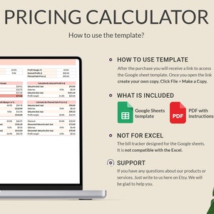 May include: A laptop computer displaying a Google Sheets pricing calculator template. The template is designed to help calculate profit margins and sales prices. The text on the screen reads "Pricing Calculator" and "How to use the template?" The template is not compatible with Excel.