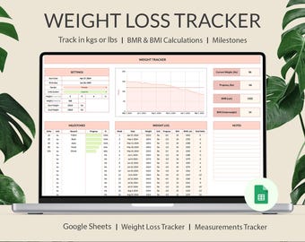 Weight Loss Tracker Spreadsheet for Google Sheets Weight Loss Planner Weight Loss Journal Calorie Tracker Body Measurement Log BMR BMI Log