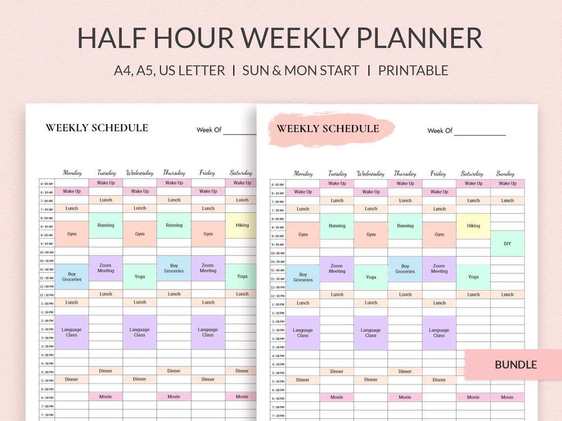 Simple Half Hour Weekly Schedule, Weekly Planner Printable, Half Hour ...