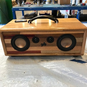 Mahogany Portable Bluetooth Battery Operated Stereo Boombox speaker with high speed USB-C charging. Handmade custom.