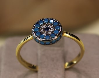 14K Solid Gold Evil Eye Ring With Real Turquoise And Cz Stones, Blue Evil Eye Ring For Women,  Protective Lucky Evil Eye Ring, Great Gift,