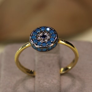 14K Solid Gold Evil Eye Ring With Real Turquoise And Cz Stones, Blue Evil Eye Ring For Women,  Protective Lucky Evil Eye Ring, Great Gift,