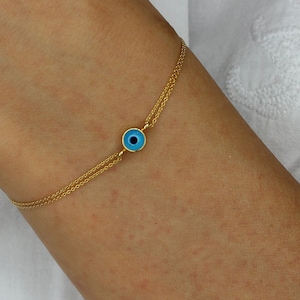 14K Real Gold Evil Eye Bracelet, Solid Gold Row Chain Evil Eye Bracelet, Turkish Eye Bracelet, Talisman Greek Jewelry Eye Bracelet