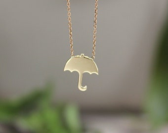 Collar con paraguas de oro auténtico, colgante de paraguas abierto de oro macizo de 14 quilates, joyería inspirada en el clima, joyería con forma de gota de lluvia para ella, regalo de collar con paraguas pequeño