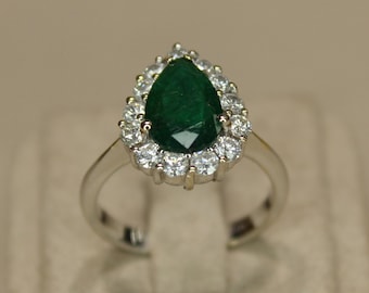 18K Solid Gold Emerald Ring, Vintage Emerald Engagement Ring, Natural Emerald Diamond Ring, Promise Ring, Unique May Birthstone Emerald Ring