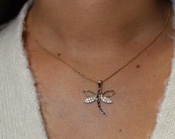 Sundance Style Gift for Teen Girl Dainty Gold Dragonfly Pendant Necklace 14k Gold Fill Chain with Gold Bronze Artisan Dragonfly Pendant