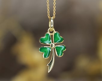 14K Solid Gold Clover Pendant, Dainty Clover Necklace, Minimalist Clover Pendant, Four Leaf Clover Necklace, Enamel Clover Shamrock Necklace