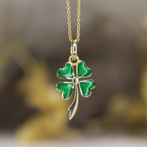 14K Solid Gold Clover Pendant, Dainty Clover Necklace, Minimalist Clover Pendant, Four Leaf Clover Necklace, Enamel Clover Shamrock Necklace