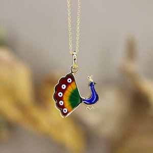 14K Real Solid Gold Peacock Bird Necklace Colored With Enamel, Peacock Pendant, Nature Bird Pendant Necklace, Animal Necklace, Bird Jewelry