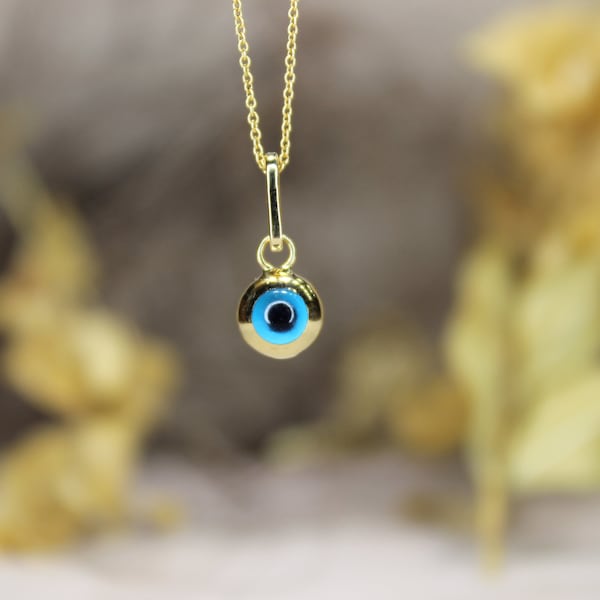 14K Solid Gold Evil Eye Pendant Necklace, Dainty Evil Eye Pendant, Talisman Eye Necklace, Blue Glass Eye Necklace, Greek Eye, Turkish Eye