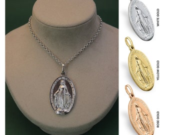 14K 18K Real Gold Virgin Mary Pendant Necklace, Saint Mary Gold Medallion, Lady Guadolupe Pendant, Double Sided Holy Mother Pendant Necklace
