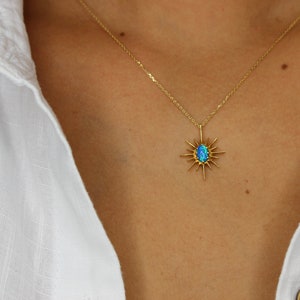 14K Real Gold Polaris Opal Sun Necklace, Opal North Star Necklace, Opal Women Necklace Jewelry, Valentines Day Gift, Mother's Day Gift