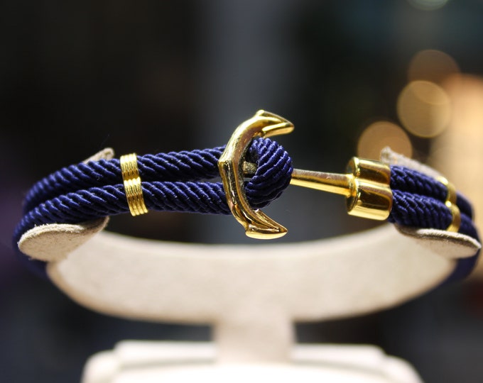 14K Solid Gold Anchor Bracelet, Navy Blue Rope Anchor Man Bracelet Sailor Gift, Gift For Boyfriend Anchor Jewelry, Nautical Jewelry For Him