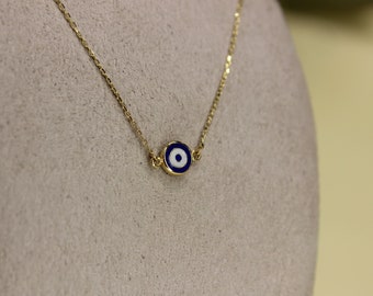 14K Solid Gold Evil Eye Necklace, Lucky Evil Eye Choker, Protective Eye Necklace, Greek Eye, Turkish Evil Eye, Enamel Evil Eye Pendant