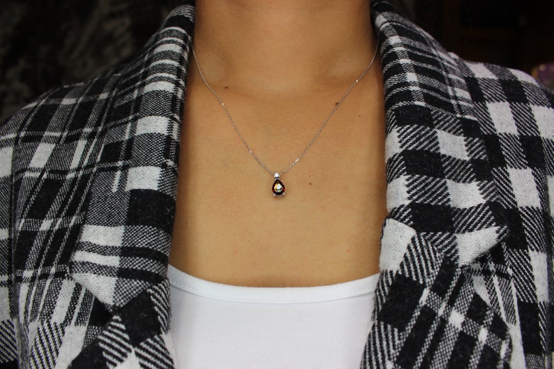 14K Real White Gold Necklace Dainty Necklace For Gift, Women Real Diamond Jewelry Teardrop Garnet Necklace Women Diamond Pendant
