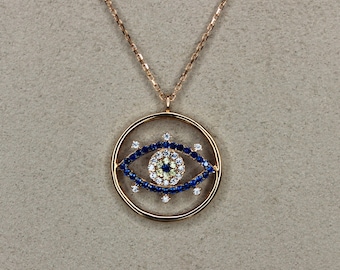 Protective Evil Eye, 14K Real Solid Rose Gold Eye Necklace, Evil Eye Talisman Necklace, Turkish Eye, Greek Jewelry Eye Necklace With Cz,